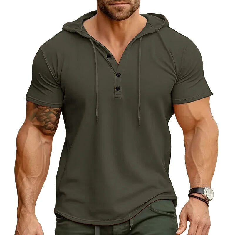 Ryan™ | Einfarbiges Slim Fit Stretch Kurzarm-Henley-Shirt mit Kapuze